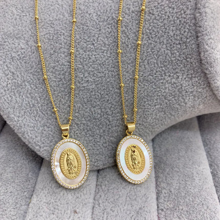 Oval Metal Sea Shell Zircon Virgin Mary Guadalupe Pendant Necklace Blessing Jewelry For Women