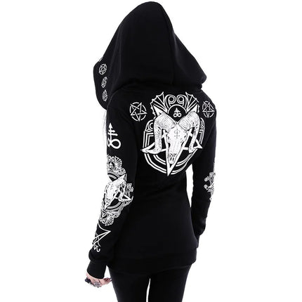 Irregular Black Punk Hoodie with Sheep Head and Moon Print Hoodie