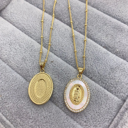 Oval Metal Sea Shell Zircon Virgin Mary Guadalupe Pendant Necklace Blessing Jewelry For Women