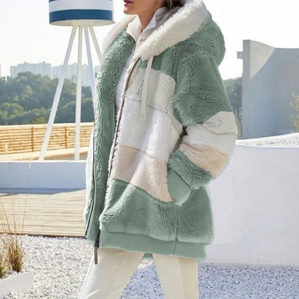 2024 Autumn Winter Warm Plush Patchwork Zipper Pocket Hooded Loose Coat for Women