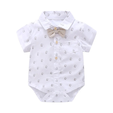Newborn Boys Bodysuit with Bow Tie Cotton Baby Romper Soft Cartoon Animal Print Formal Short Sleeve Children Top Costume