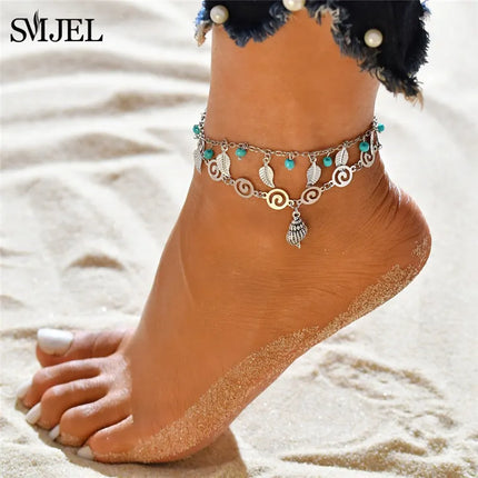 SMJEL Bohemian Shell Anklets for Women Handmade Woven Natural Shell Foot Jewelry Summer Beach Barefoot Bracelet ankle on Leg