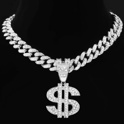 Bling Rhinestone Dollar Pendant Necklace For Men Silver Color Iced out 13mm Cuban Chain Choker Necklaces Hiphop Rap Rock Jewelry