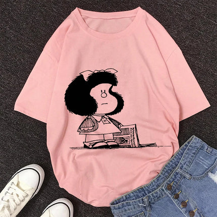 2020 New Summer Fashion Female Pink Tops Mafalda Cute Graphic Print T-shirt Women Harajuku Aesthetic White Tops Kawaii Tshirt