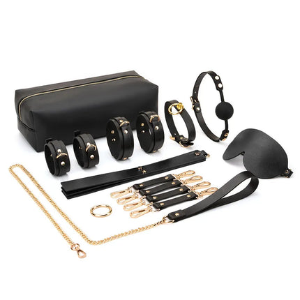 PU Leather BDSM Bondage Kits Handcuff Ankle Cuffs Neck Collar Mouth Gag Hogtie Restraint SM Set Adult Games Sex Toys for Couples