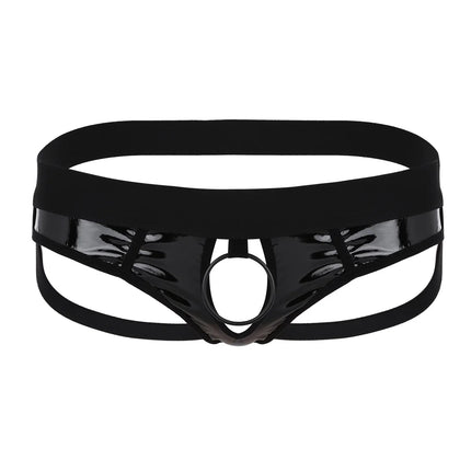 Mens Sexy Patent Leather Lingerie Hollow Out Bulge Pouch Latex Panties Jockstrap T-Back Letter Print Waistband Thongs Underwear