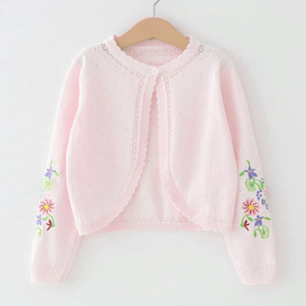 1-11yrs White Children Girls Cardigan Sweater Embroidery 100% Cotton Girls Jaket Coat 2 3 4 6 8 Years Old Kids Clothes RKC185005
