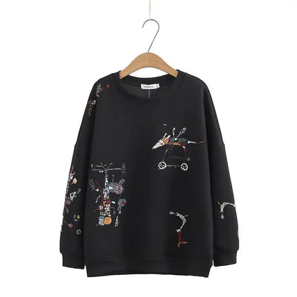 Harajuku Sweatshirt Women 2026 Autumn Winter New Fashion Casual Stitch-embroidered Long-sleeved O- Neck Breathable Hoodie Top