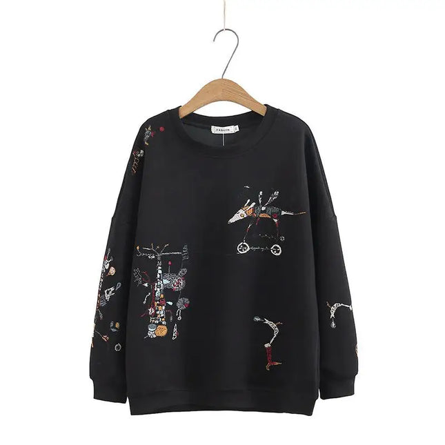 Harajuku Sweatshirt Women 2026 Autumn Winter New Fashion Casual Stitch-embroidered Long-sleeved O-Neck Breathable Hoodie Top
