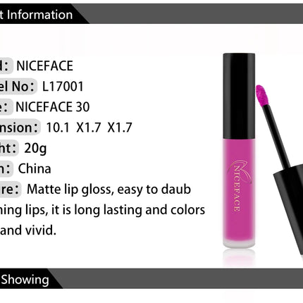 NICEFACE Matte Liquid Lipstick Waterproof Long Lasting Lip Gloss Tint Sexy Red Nude Purple Metallic Lipsticks Makeup Cosmetics