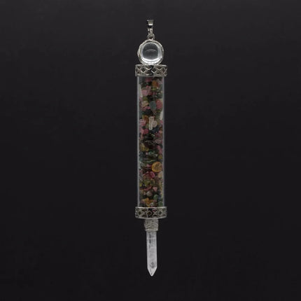 KFT Natural Healing Crystal Quartz Tourmaline Lapis Lazuli Long Pillar Wishing Bottle Reiki Stone Pendulum Pendant Jewelry
