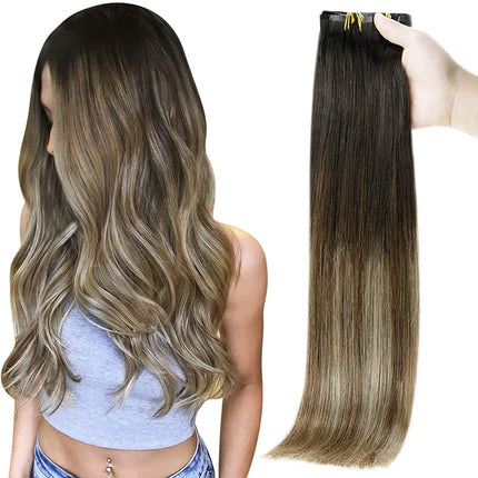 Full Shine Seamless Clip On Natural Human Hair Extension 8Pcs100g PU Clip Ombre Blond Color Skin Weft  Machine Remy For Women