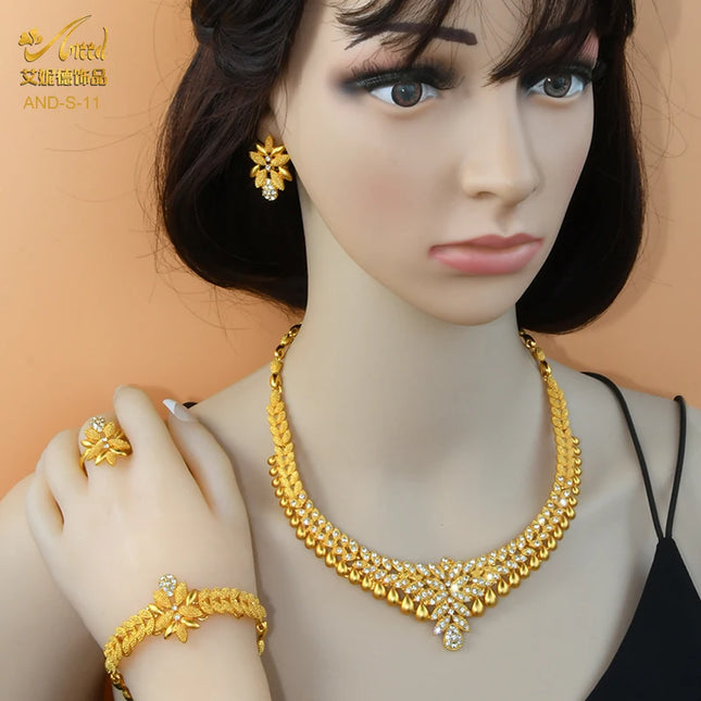 ANIID African Jewelry Set Big Necklace Dubai Ethiopian Gold Color Jewelery Earring Bracelet For Women Bridal Choker Wholesale
