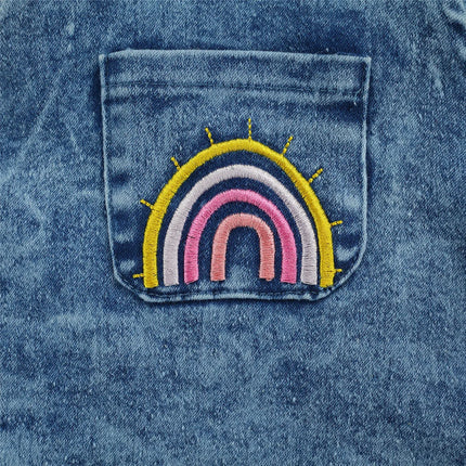 Citgeett Summer Infant Baby Girls Outfit Rainbow Embroidery Fly Sleeve Lace Denim Bodysuit+ Headwear Set Clothes