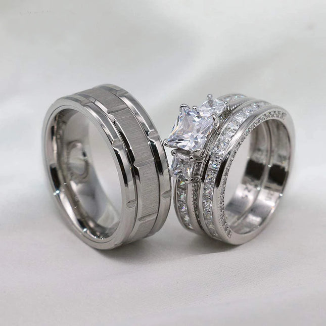 2023 Couple Rings Women Exquisite Rhinestones Zirconia Rings Set Simple Stainless Steel Men Ring Fashion Jewelry For Lover Gifts