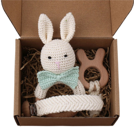 3Pcs/set Infants Shower Gift Baby Pacifier Chain Clip Beech Teether Wooden Teething Ring Newborn Crochet Animal Rabbite Rattle