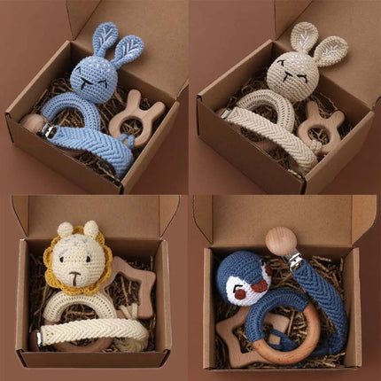 3Pcs/set Infants Shower Gift Baby Pacifier Chain Clip Beech Teether Wooden Teething Ring Newborn Crochet Animal Rabbite Rattle