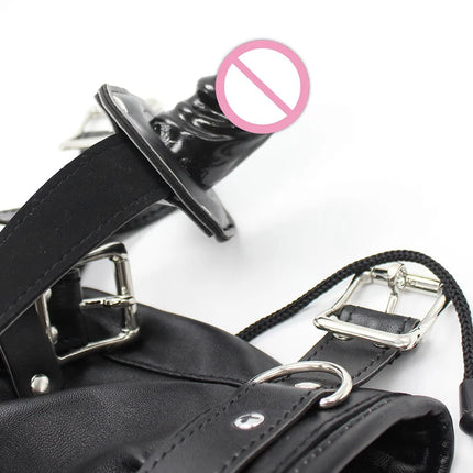 SM Leather Padded Hood Blindfold With Open Mouth Penis Gag Dildo Gag,Fetish Slave BDSM Bondage Head Harness Sex Mask Erotic Toys