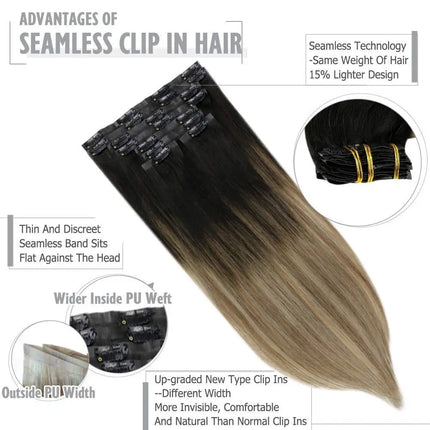 Full Shine Seamless Clip On Natural Human Hair Extension 8Pcs100g PU Clip Ombre Blond Color Skin Weft  Machine Remy For Women