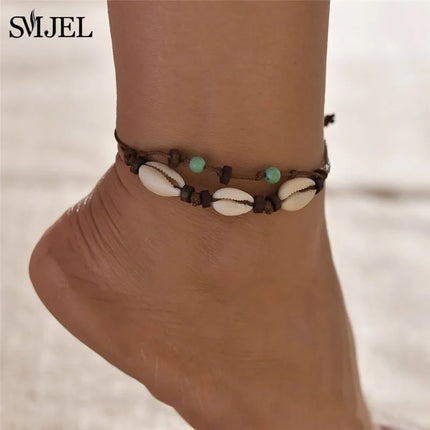 SMJEL Bohemian Shell Anklets for Women Handmade Woven Natural Shell Foot Jewelry Summer Beach Barefoot Bracelet ankle on Leg