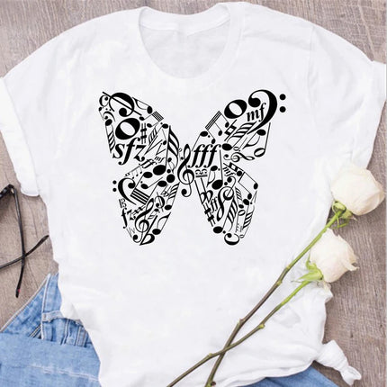 New Harajuku Funny Music Note Art T-Shirt Fashion Women T-Shirt Music Tops Short Sleeves Black T-Shirt Ladies Casual Tees Top