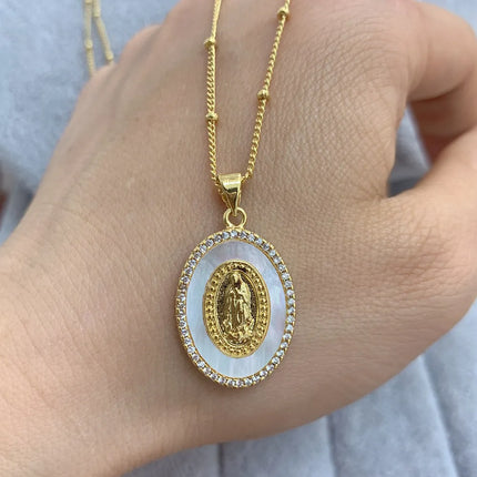 Oval Metal Sea Shell Zircon Virgin Mary Guadalupe Pendant Necklace Blessing Jewelry For Women
