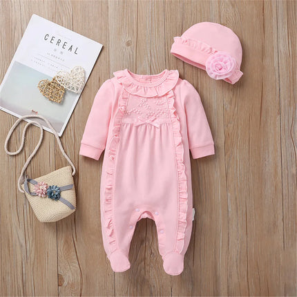 Newborn Baby Girls Romper Jumpsuit Long Sleeve Lace Ruffle Infant  Jumpsuit with Cap Toddler Clothing 0-12M
