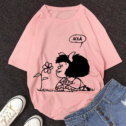 2020 New Summer Fashion Female Pink Tops Mafalda Cute Graphic Print T-shirt Women Harajuku Aesthetic White Tops Kawaii Tshirt