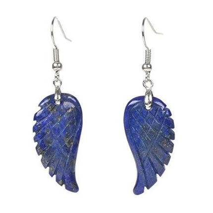 KFT Natural Carved Healing Reiki Crystal Quartz Stone Earring Amethysts Lapis Lazuli Angel Wing Dangle Hook Stone Earrings
