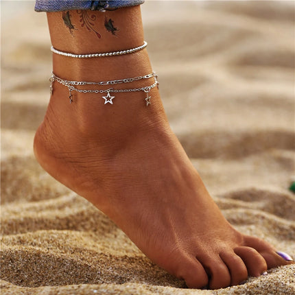 Fashion Gold Color  Snake Chain Multilayer Anklets Women Beads Anklet Leg Chain Ankle Bracelets Beach Foot Jewelry Accessories
