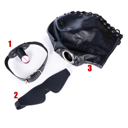SM Leather Hood Blindfold,Head Harnes Mask With Dildo Penis Mouth Gag,Fetish Slave BDSM Bondage Gimp,Adult Sex Toy For Women Men