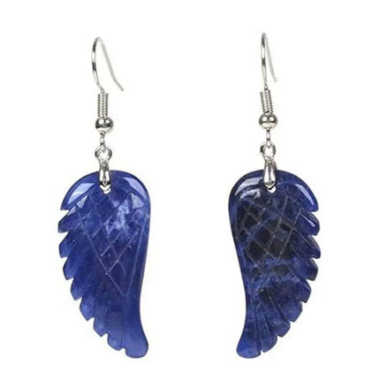 KFT Natural Carved Healing Reiki Crystal Quartz Stone Earring Amethysts Lapis Lazuli Angel Wing Dangle Hook Stone Earrings