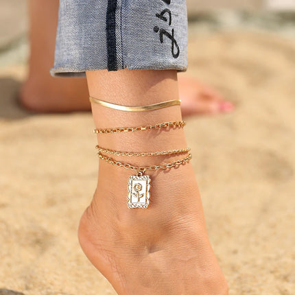 Fashion Gold Color  Snake Chain Multilayer Anklets Women Beads Anklet Leg Chain Ankle Bracelets Beach Foot Jewelry Accessories