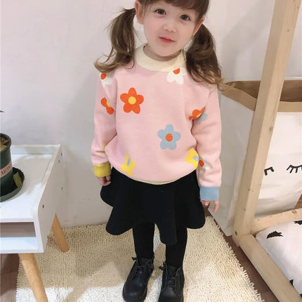 2024 Autumn Winter Girls Floral Knitted Sweater Baby Kids Thick Keep Warm Long Sleeve Tops Toddler Children's Pullover for Girls