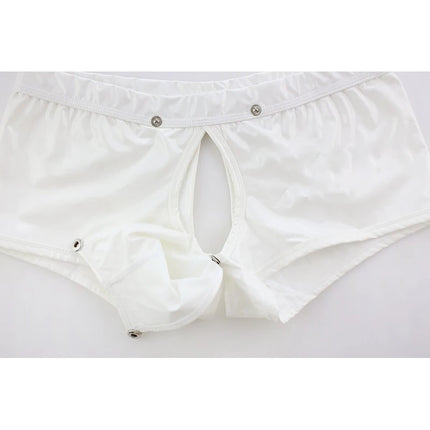Sexy Mens PU Leather Boxer Shorts Removable Gay Penis Pouch Back Open Fashion Hot Gay Male Erotic Bulge Jockstrap Underwear