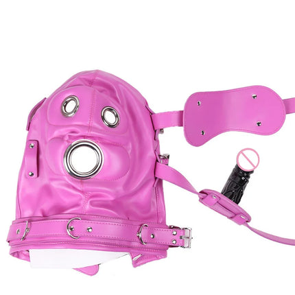 SM Leather Padded Hood Blindfold With Open Mouth Penis Gag Dildo Gag,Fetish Slave BDSM Bondage Head Harness Sex Mask Erotic Toys