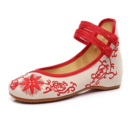 Veowalk Sunflower Embroidered Women Canvas Ballet Flats Ankle Strap Ladies Casual Cotton Chinese Embroidery Ballerina Shoes