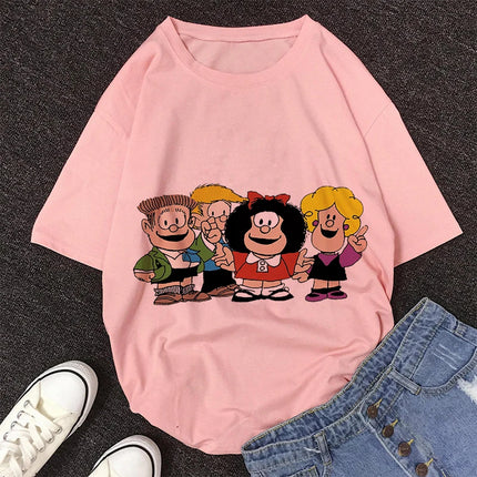 2020 New Summer Fashion Female Pink Tops Mafalda Cute Graphic Print T-shirt Women Harajuku Aesthetic White Tops Kawaii Tshirt