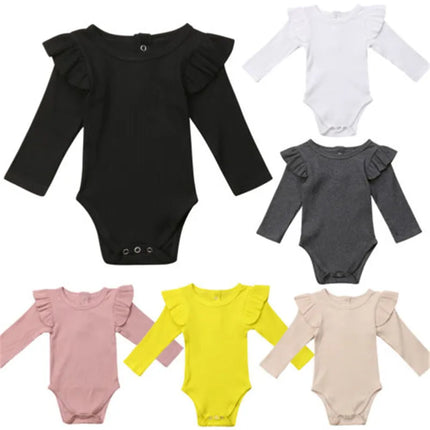 0-24months Unisex Baby bodysuit Long Sleeve Romper Cotton Ruffled Solid Beige White Black Pink Playsuit For Infant Girls