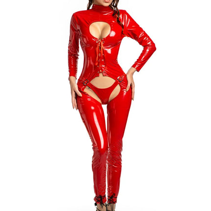 Women Sexy Hollow Out Latex Catsuit PVC Faux Leather Wetlook Jumpsuit Hot Exotic Costume Lingerie PU Bodysuit Clubwear Overalls