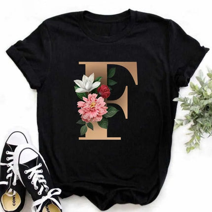 A B C D E English Alphabet Print T Shirt Women New Summer Couples Lovers Female T-Shirt Harajuku Casual Black Tops Tshirts