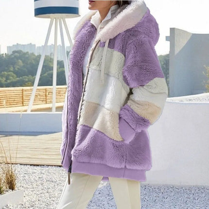 2024 Autumn Winter Warm Plush Patchwork Zipper Pocket Hooded Loose Coat for Women