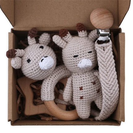 3Pcs/set Infants Shower Gift Baby Pacifier Chain Clip Beech Teether Wooden Teething Ring Newborn Crochet Animal Rabbite Rattle