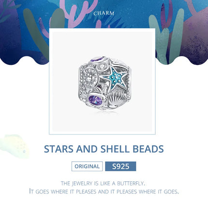 WOSTU 925 Sterling Silver Blue Conch Charm Ocean Bead Animal Turtle Starfish Pendant Fit Original Bracelet Necklace DIY Jewelry