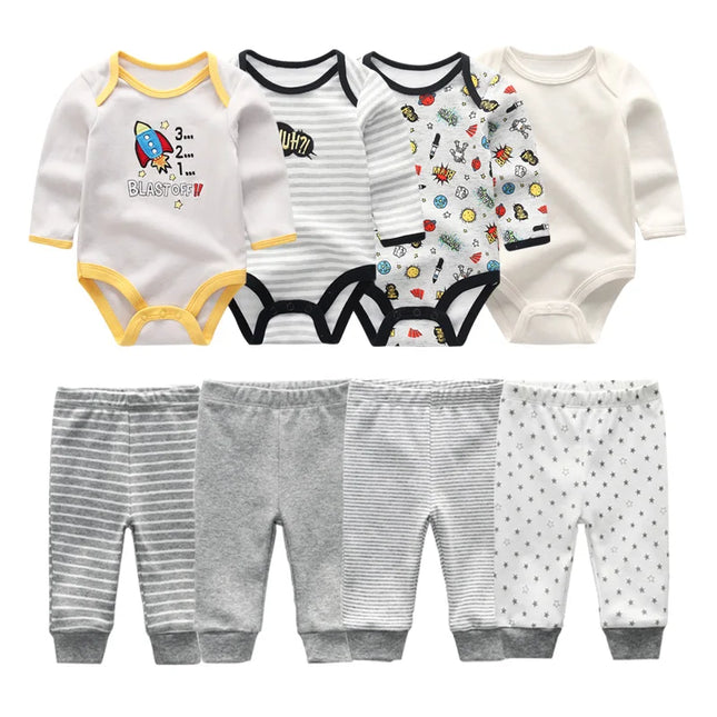 Cotton 6/8PCS Newborn Baby Boy Clothes 0-12M Autumn Bodysuits+Pants Boys Baby Clothing Sets Full Sleeve Baby Girl Clothes