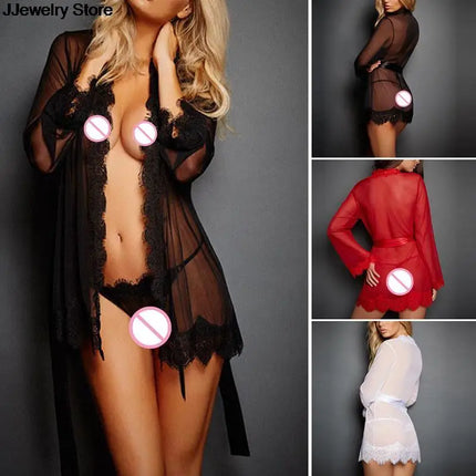 Summer Sexy Lace Nightwear Erotic Lingerie Sleepwear Women  See Through Sleep Dress Solid Lace Pajamas Bath Robe Dress Nightgown