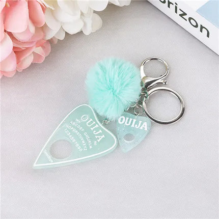 1PC Women Ouija Planchette Keychain Resin Pompom Charms Handbag  Keyring With Puffer Ball Punk Board Crafts