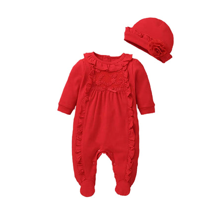 Newborn Baby Girls Romper Jumpsuit Long Sleeve Lace Ruffle Infant  Jumpsuit with Cap Toddler Clothing 0-12M