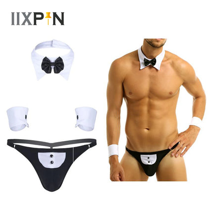 3Pcs Mens Waiter Lingerie Suit Open Back Tuxedo G-string Thong Underwear with Bow Tie Collar and Bracelets Cosplay Erotic Set