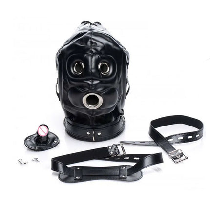 SM Leather Padded Hood Blindfold With Open Mouth Penis Gag Dildo Gag,Fetish Slave BDSM Bondage Head Harness Sex Mask Erotic Toys